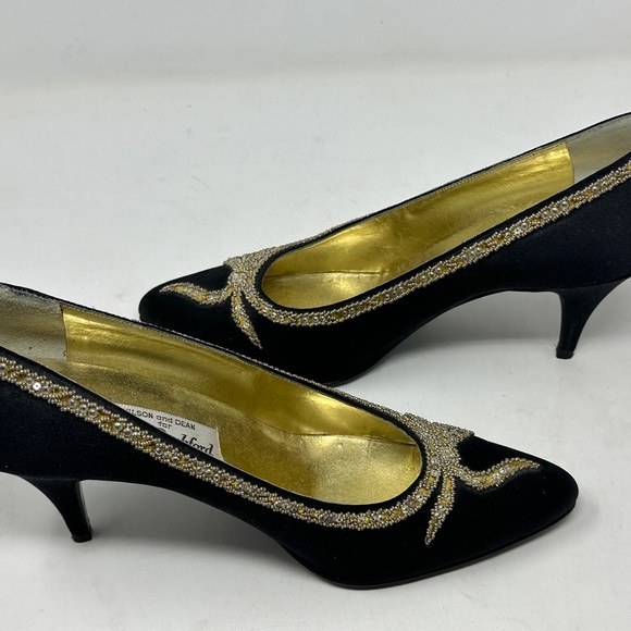 Rene Caovilla Wilkes Bashford Italy  Pump Heels Black Gold Satin Crystal Size 8 - Picture 14 of 14